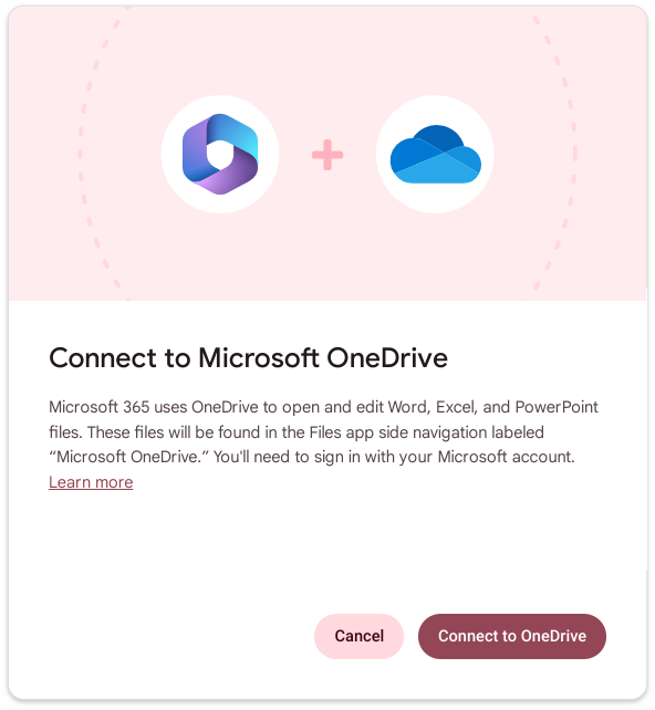 Screenshot of prompt to connect to Microsoft OneDrive on ChromeOS