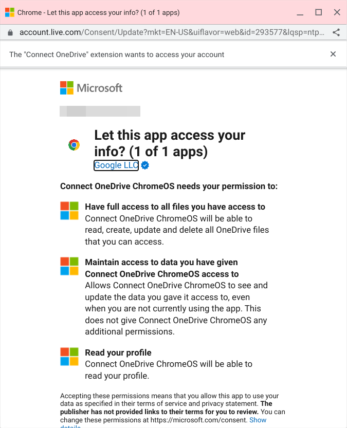 Screenshot of permissions to accept to start using OneDrive on ChromeOS
