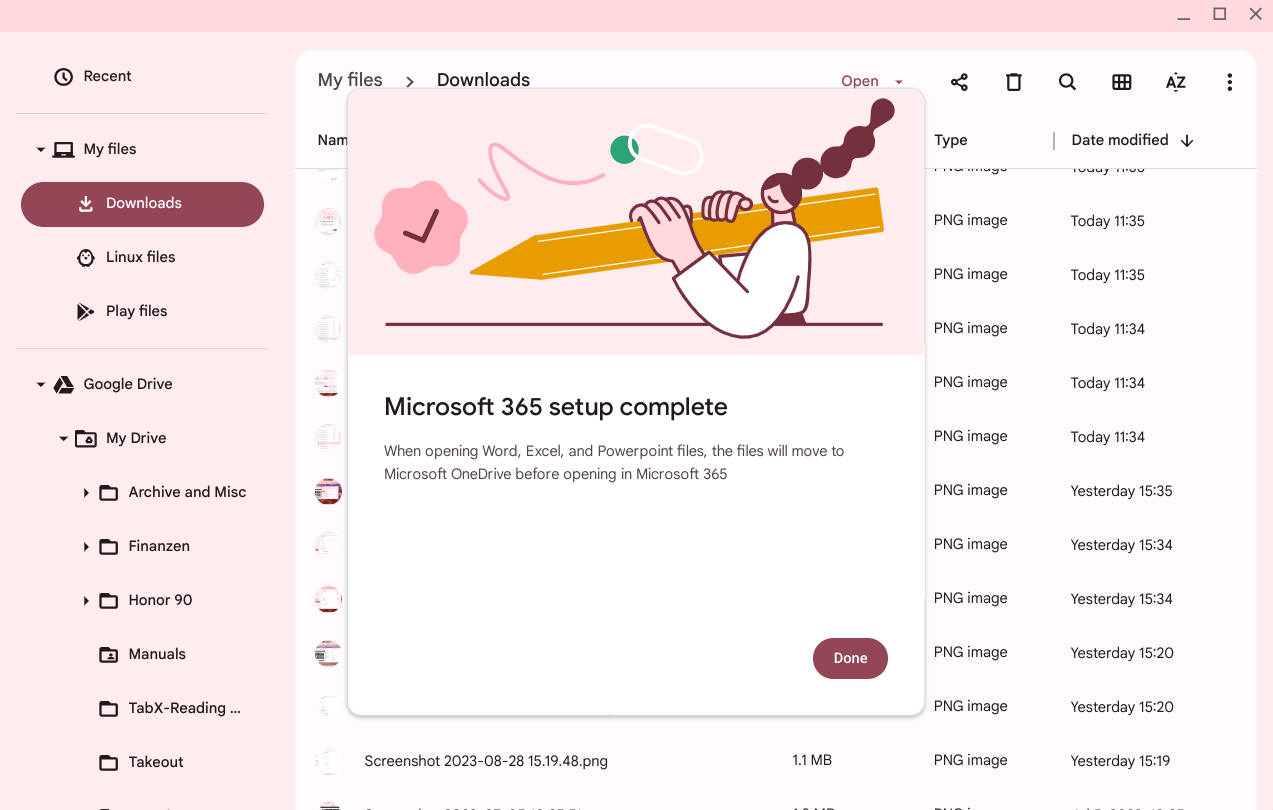 Screenshot of ChromeOS Files app displaying post-setup message for Microsoft 365 and OneDrive
