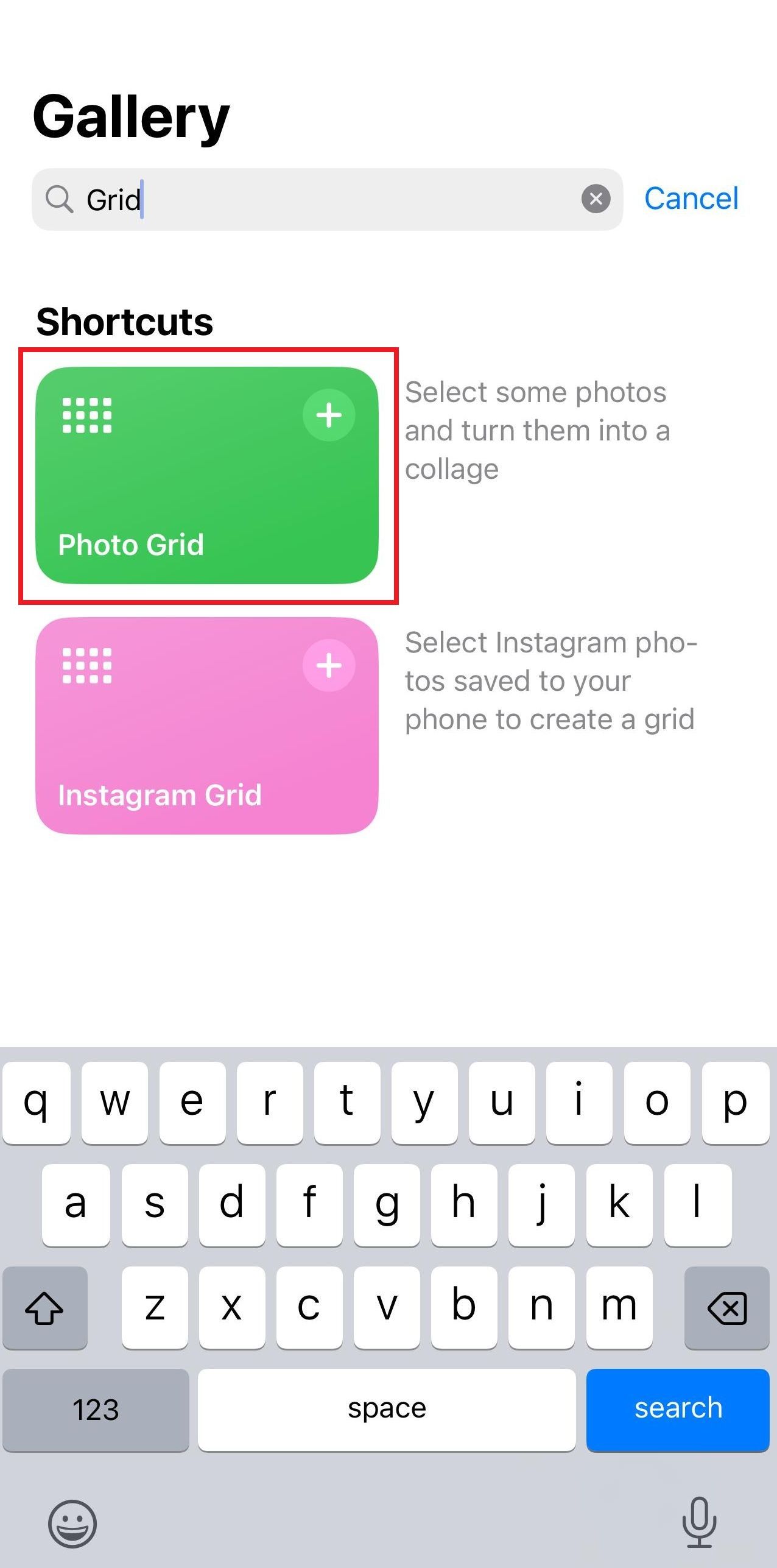 Screenshot of the Shortcuts app for iPhone