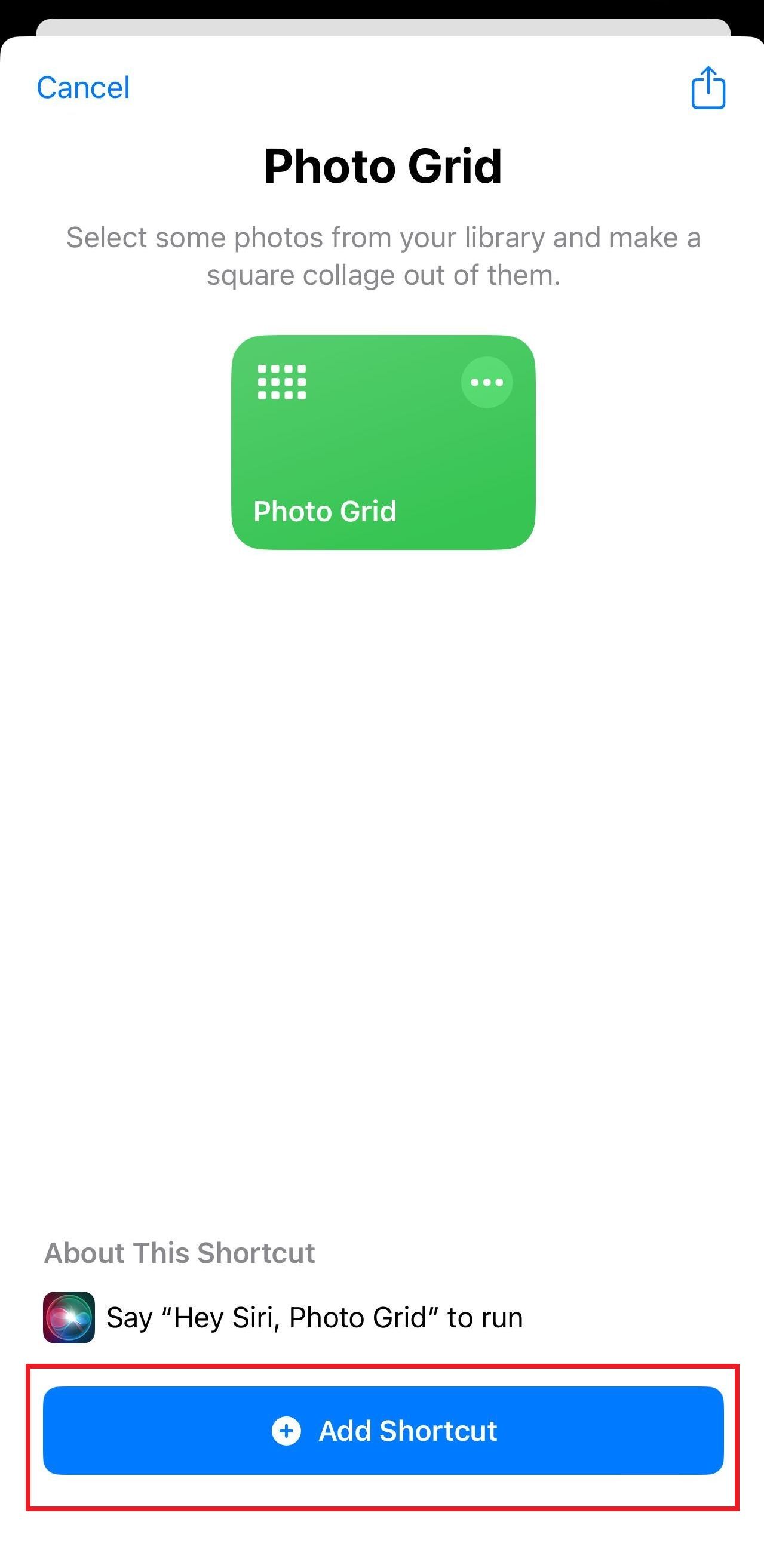 Screenshot of the 'Add Shortcut' option for Photo Grid