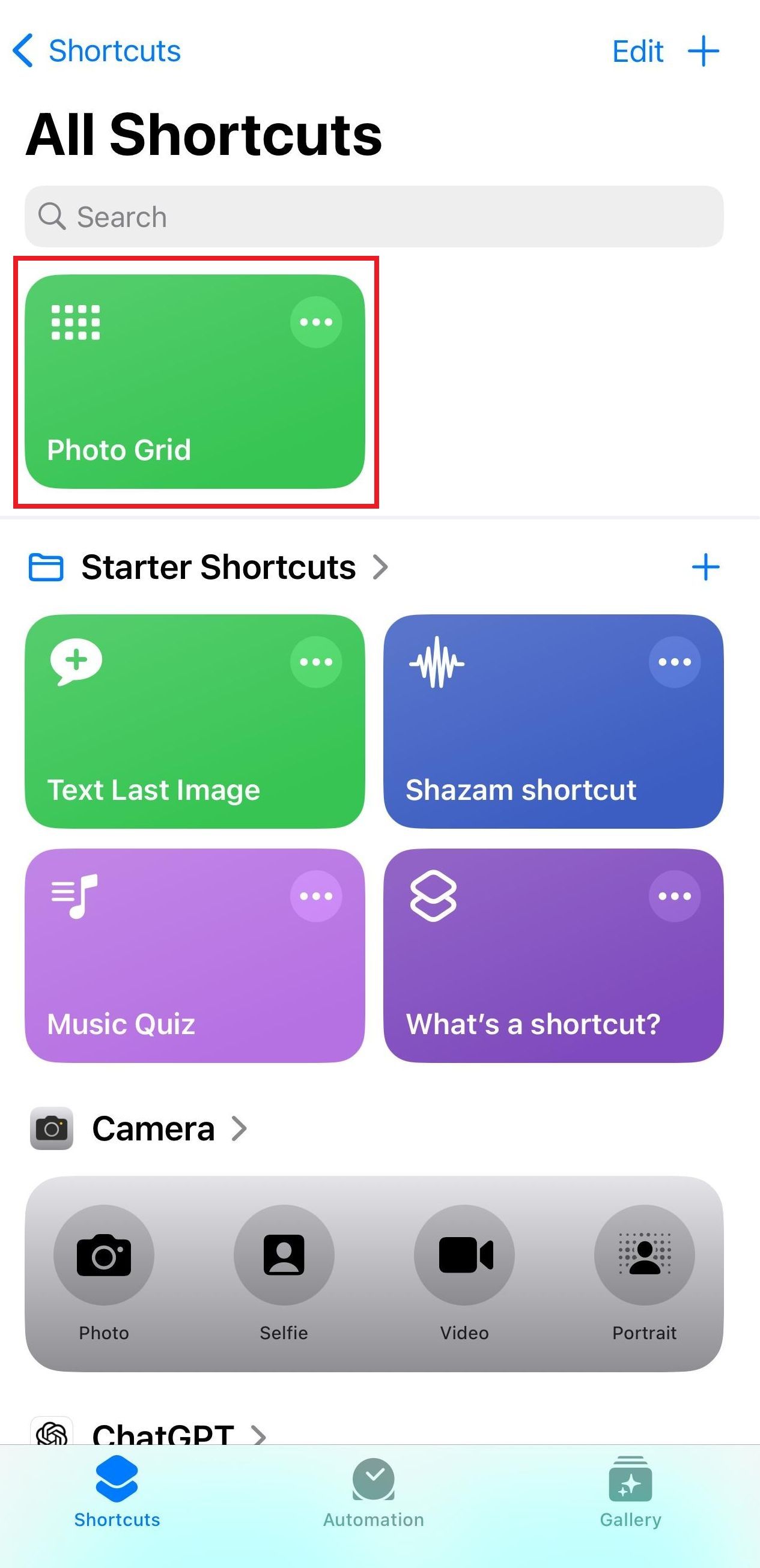 Screenshot of the Photo Grid shortcut on iPhone