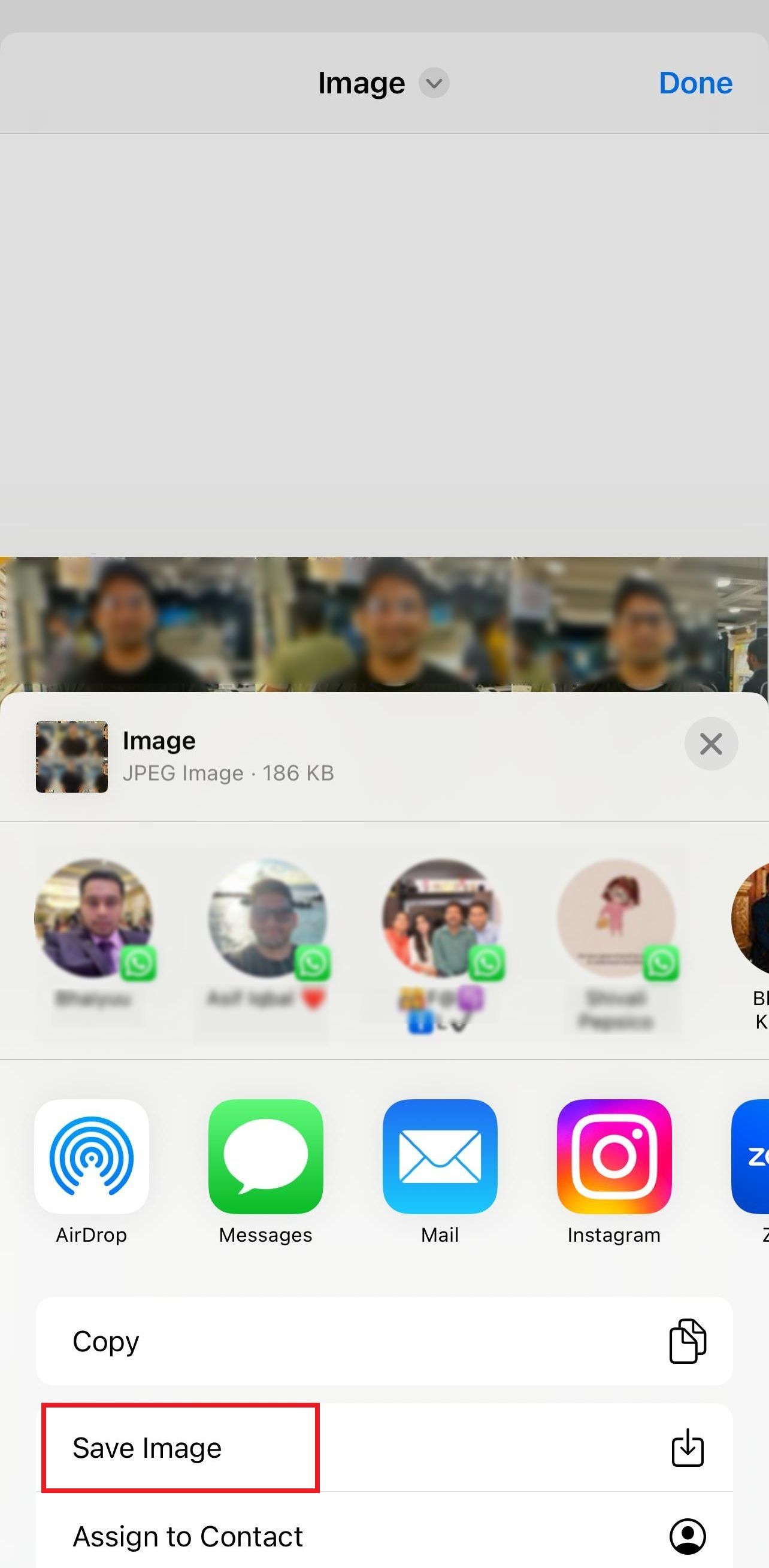 Screenshot highlighting the 'Save Image' option in Photo Grid