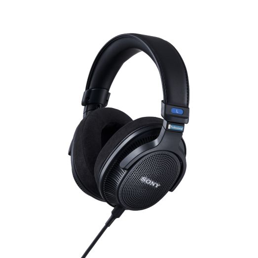 Black Sony MDR-MV1 Headphones positioned at an angle on White Background