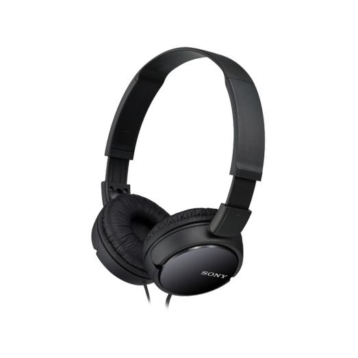 Black Sony-MDR-ZX110 Wired Headphones positioned at an angle on White Background