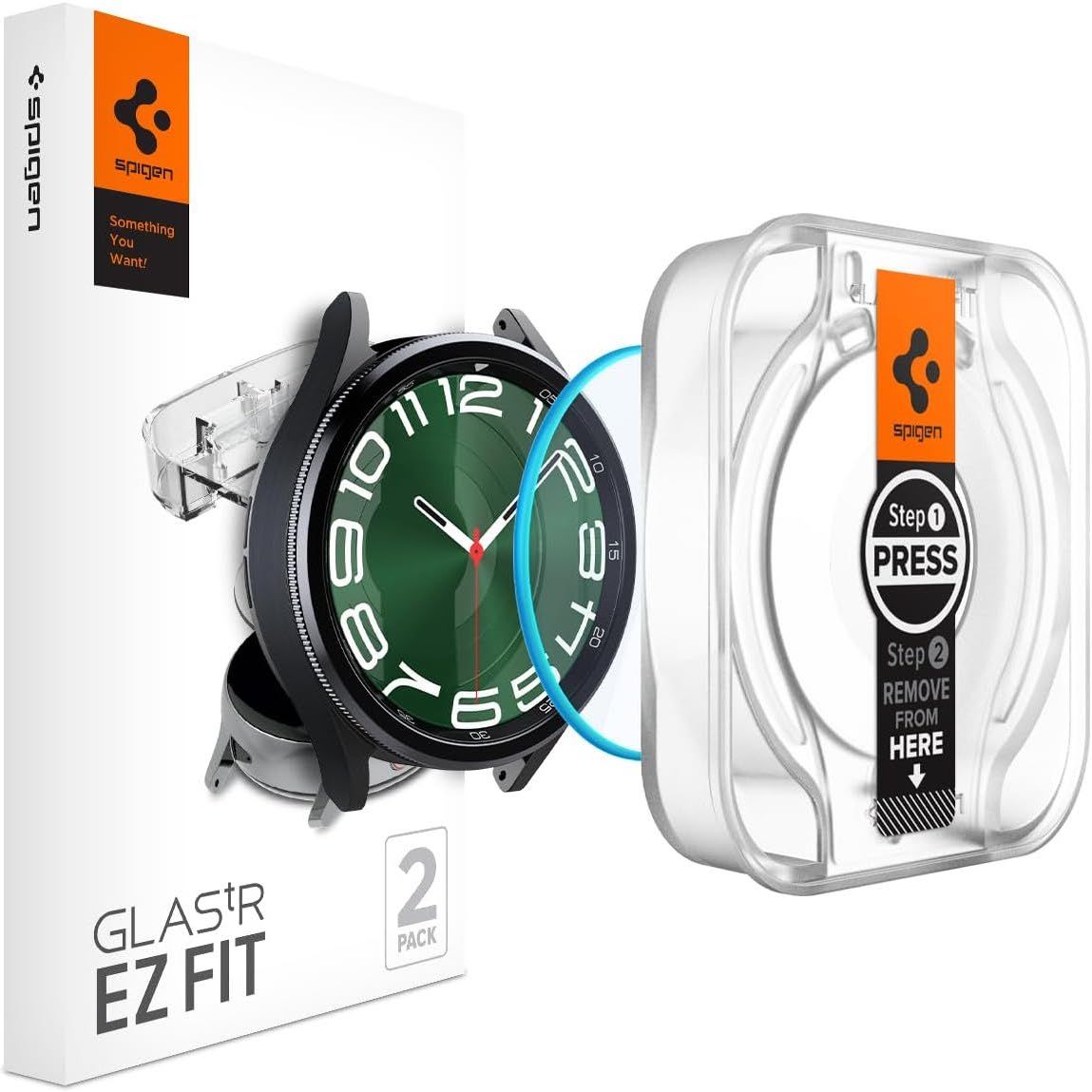 Spigen Tempered Glass for Galaxy Watch 6 Classic (47mm) with box and application tool on a white background.