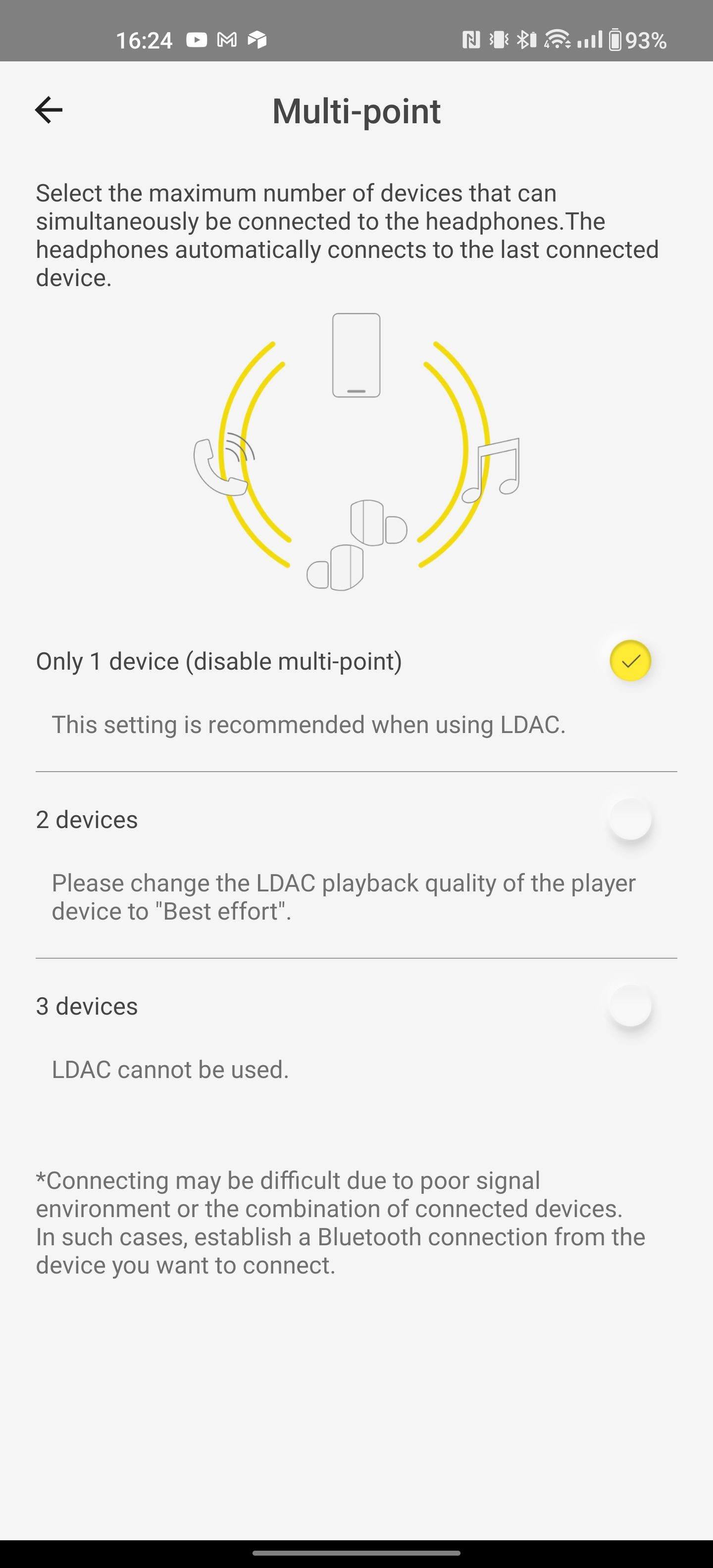 the technics apps multipoint connection settings listing the LDAC limitation