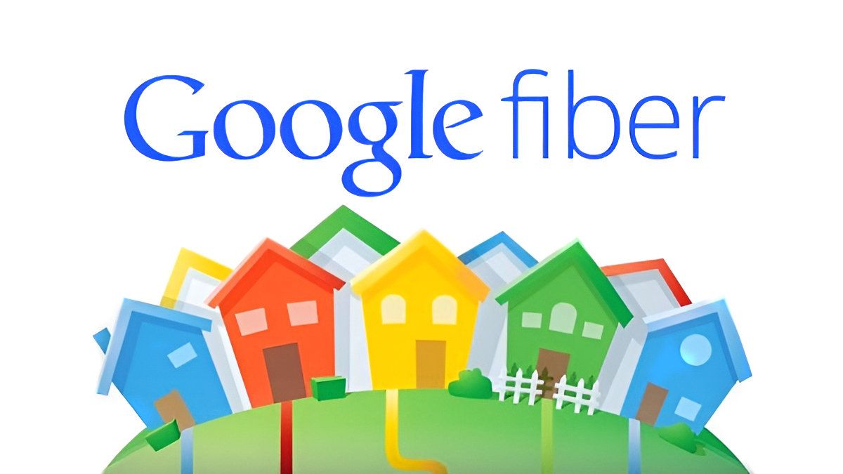The old Google Fiber logo appears over an illustration of colorful houses.