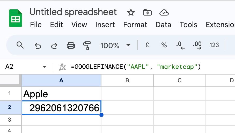 Test marketcap of stock stamp in Google Sheets