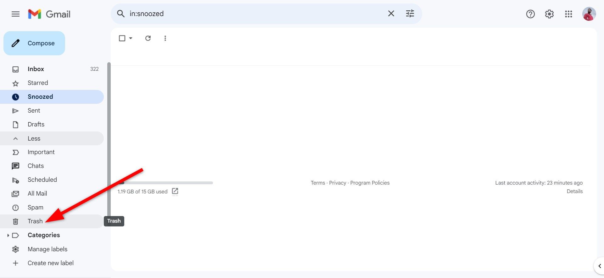 Trash folder in Gmail web