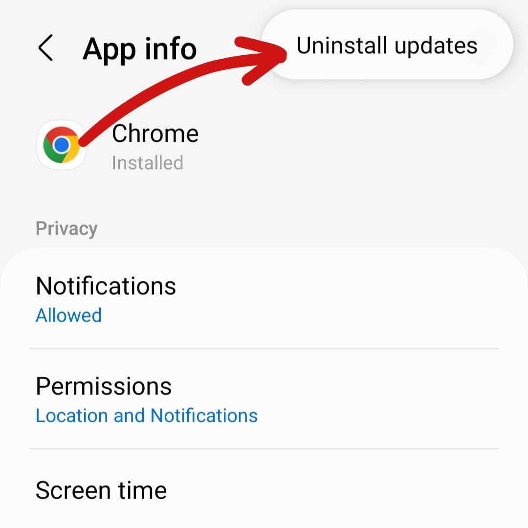 screenshot of android device with an arrow pointing to uninstall updates within the chrome application settings