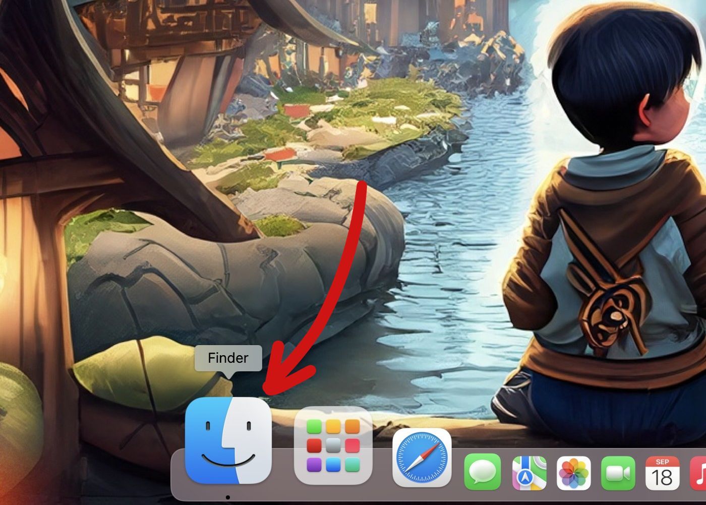 Screenshot of a Mac desktop with an arrow pointing towards the finder icon