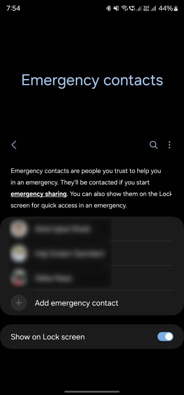 Screenshot of 'Add emergency contact' for the Samsung Galaxy phone