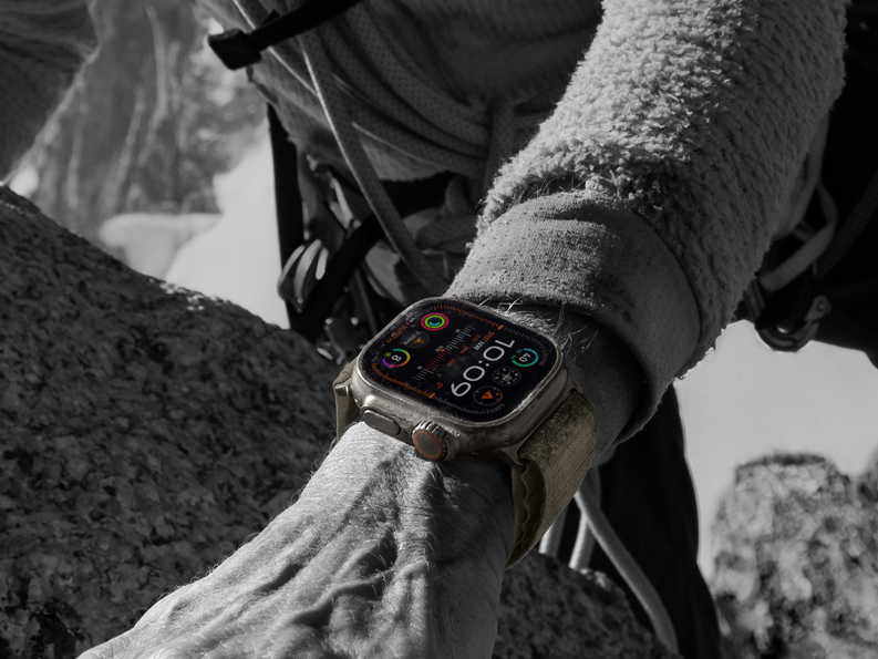 Apple Watch Ultra 2 on a hiker's wrist. 