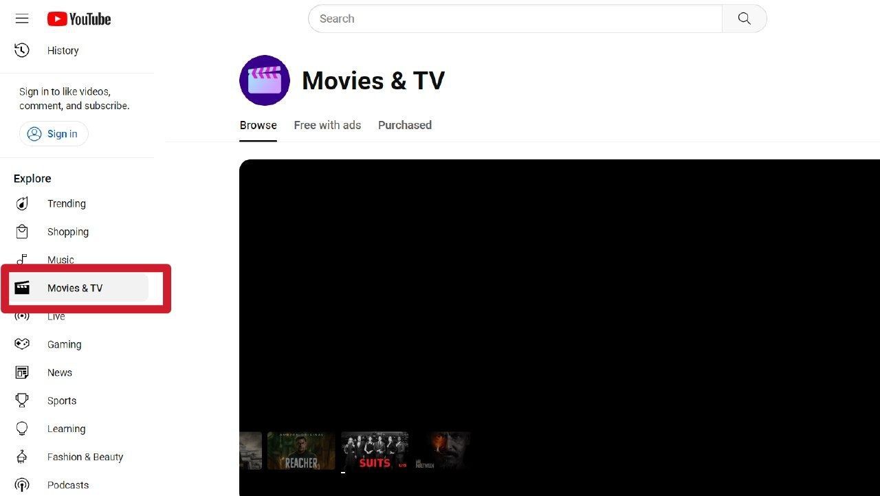 Screenshot exhibiting YouTube desktop Movies and TV part