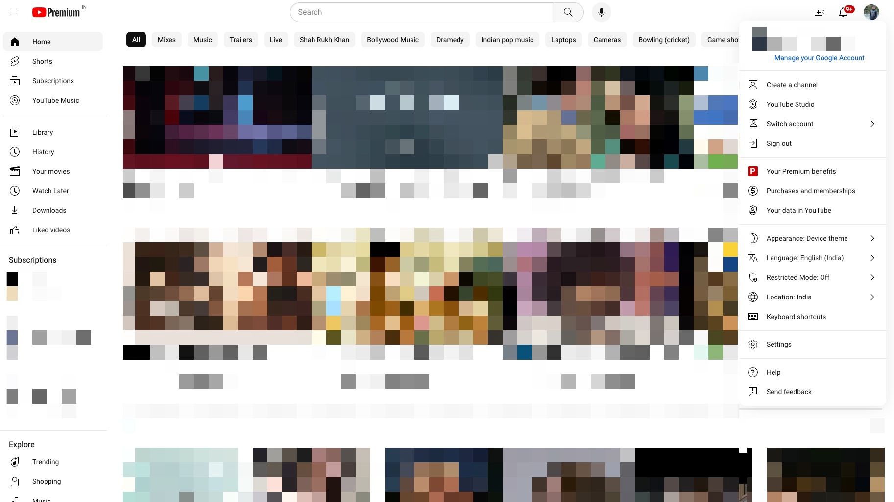 YouTube Profile switcher menu showing various alternate choices