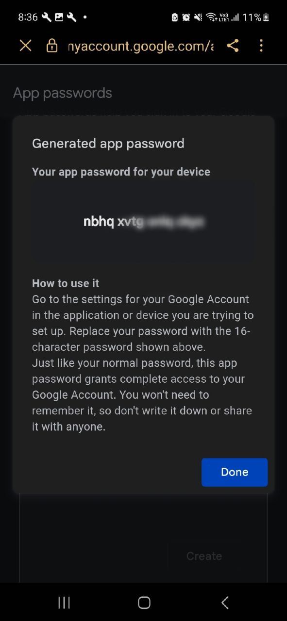 Screenshot showing the 16 digit app password