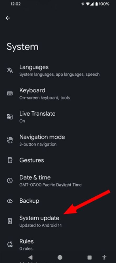 The red arrow is pointing to the option for checking for an Android system update