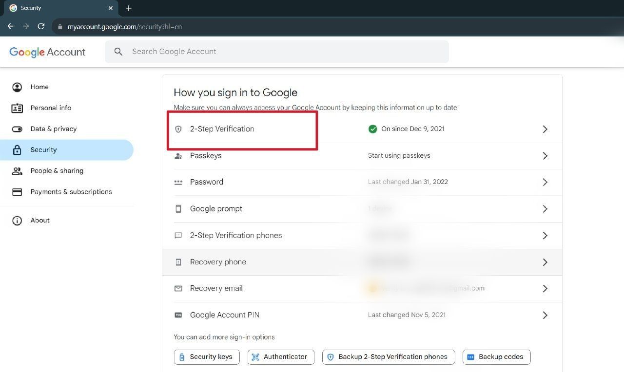 Screenshot showing 2 step verification option in Google account
