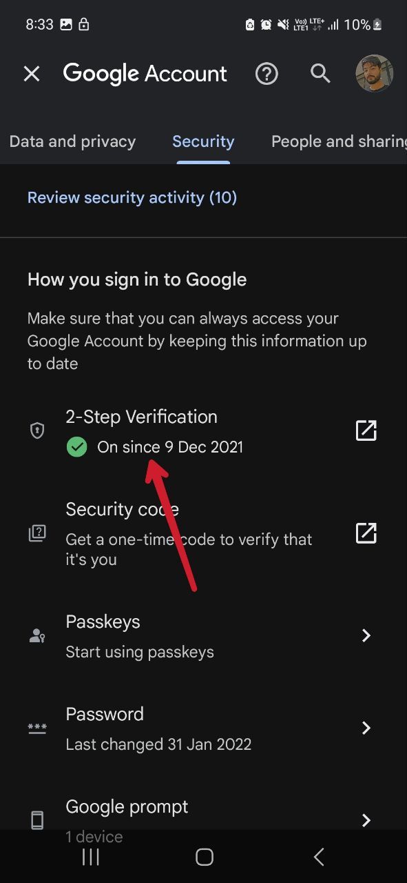 Screenshot showing the 2 step verification option in the Google settings