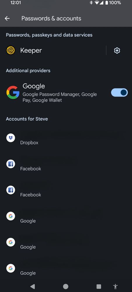 This is the passwords & accounts settings page
