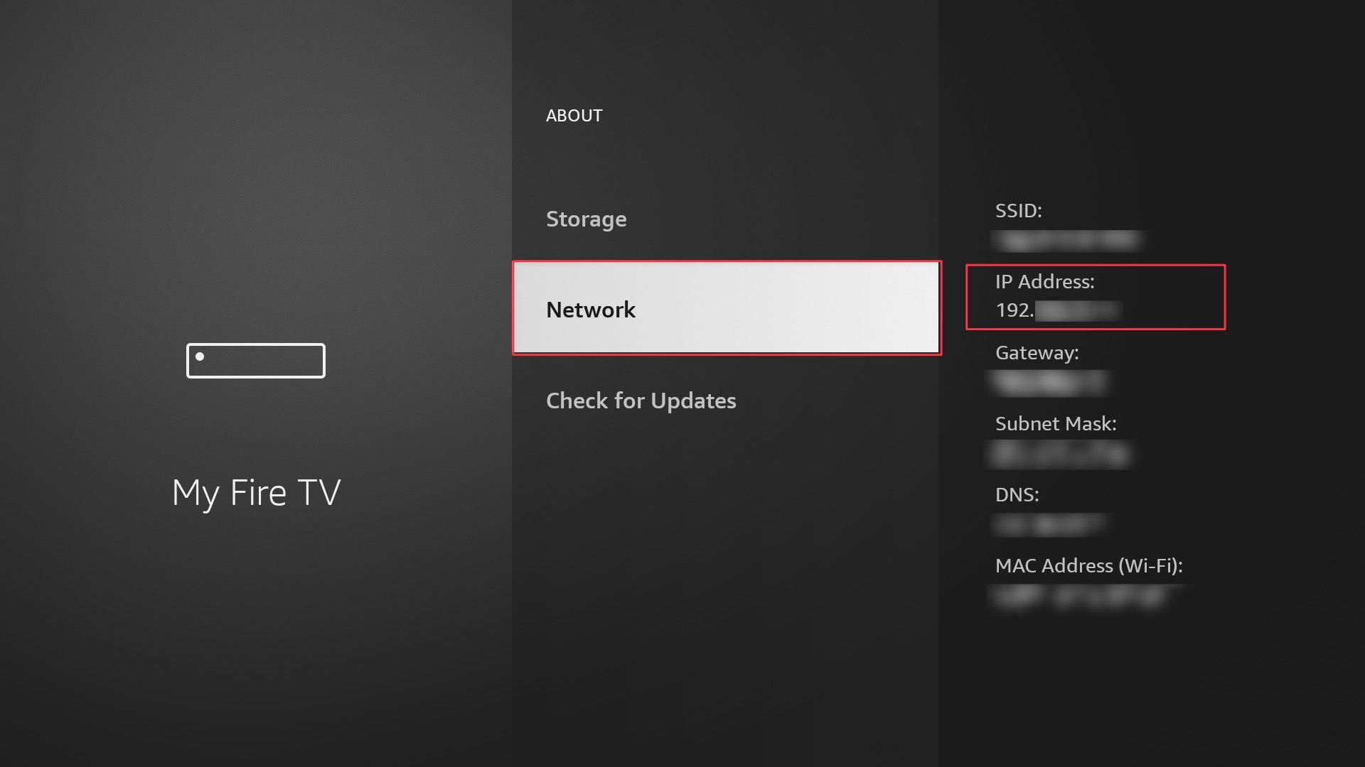 Fire TV Network settings page showing IP address