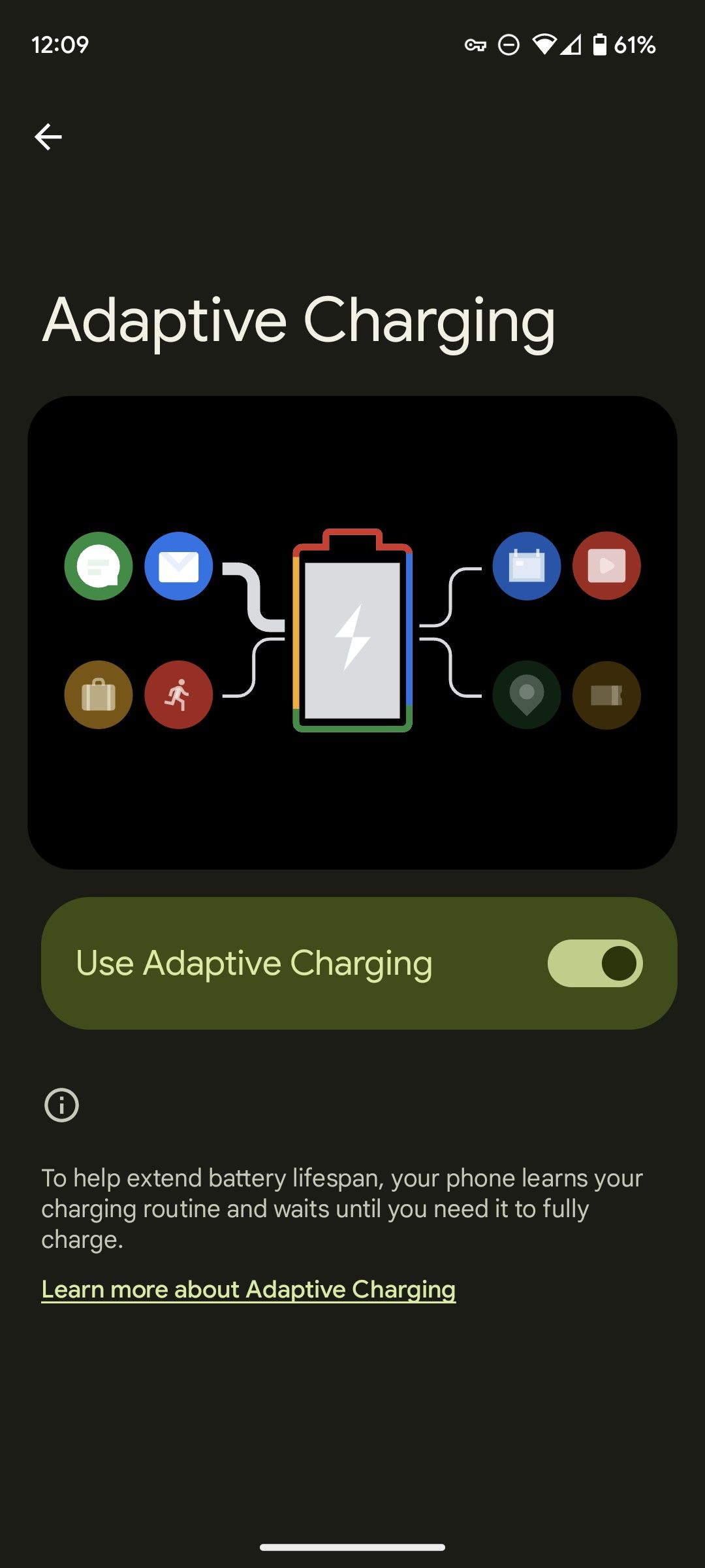 Adaptive Charging settings on a Google Pixel phone