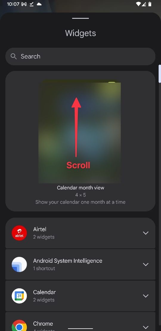 Widgets selection panel screenshot
