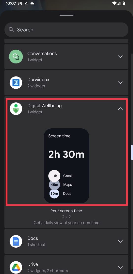 Widgets selection panel screenshot showing Digital Wellbeing widget