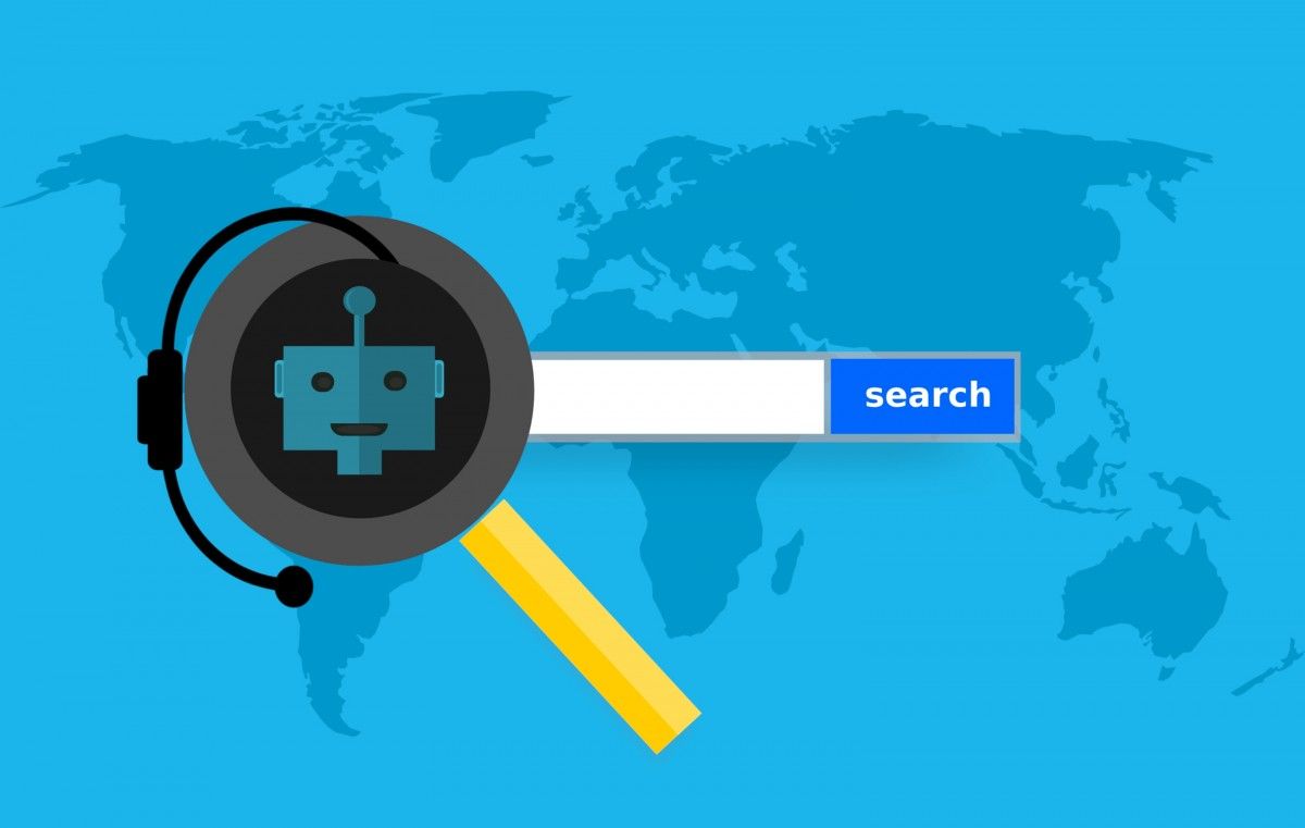Illustration of a search bar with an AI bot icon, positioned over a world map.