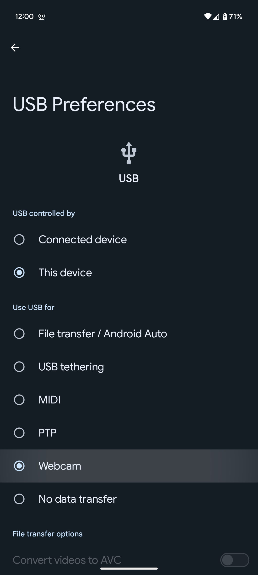 Screenshot of Android 14 QPR1's USB Preferences, with new Webcam option highlighted