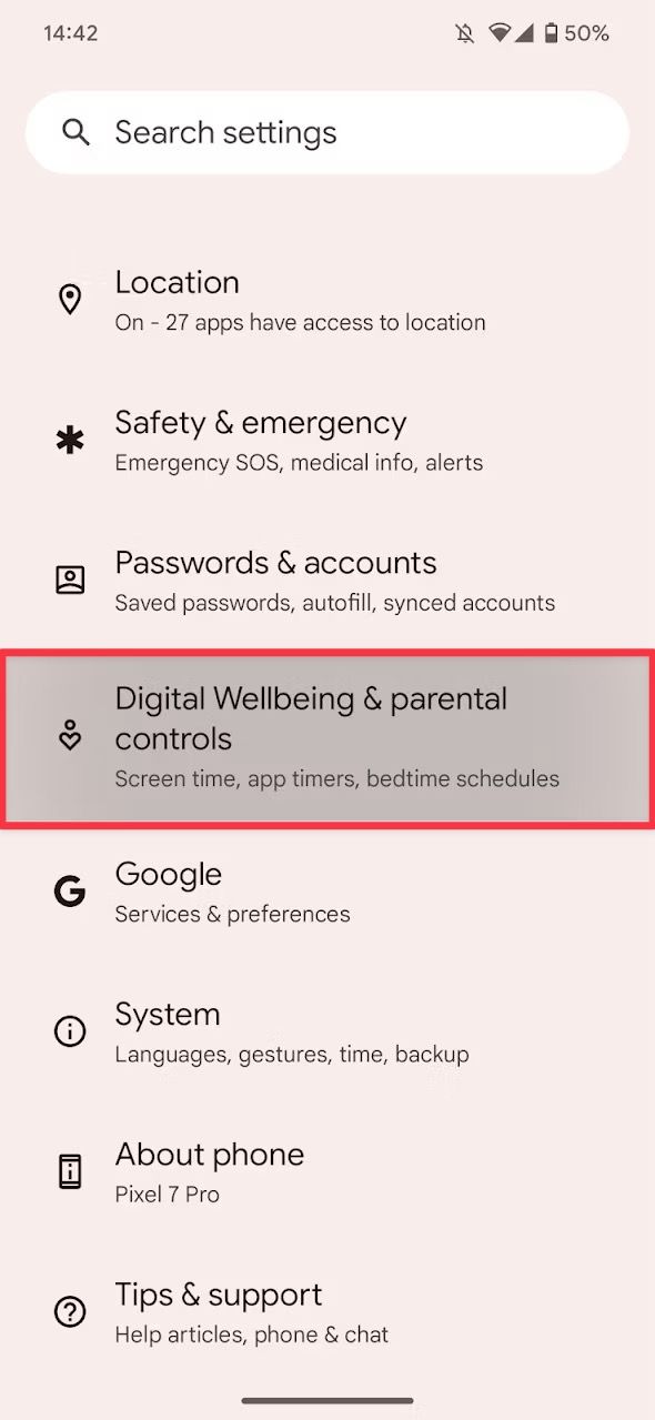 Android settings page screenshot showing digital wellbeing feature