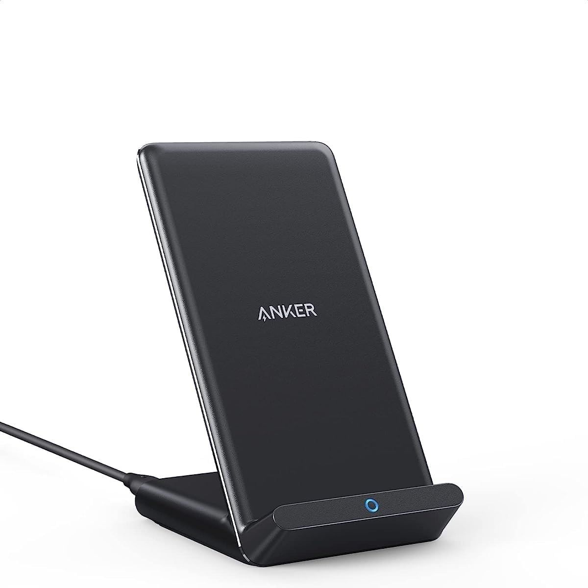 Anker 313 Wireless Charger Stand plugged in against a white background