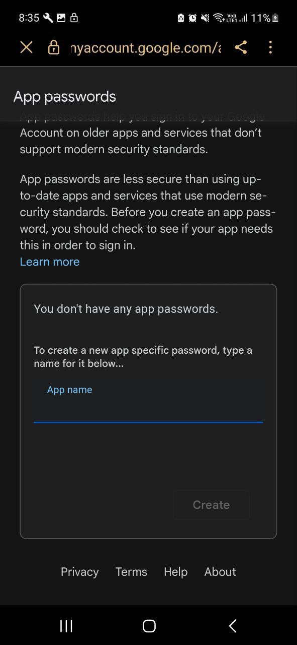 Screenshot showing option to set up a name for the app password