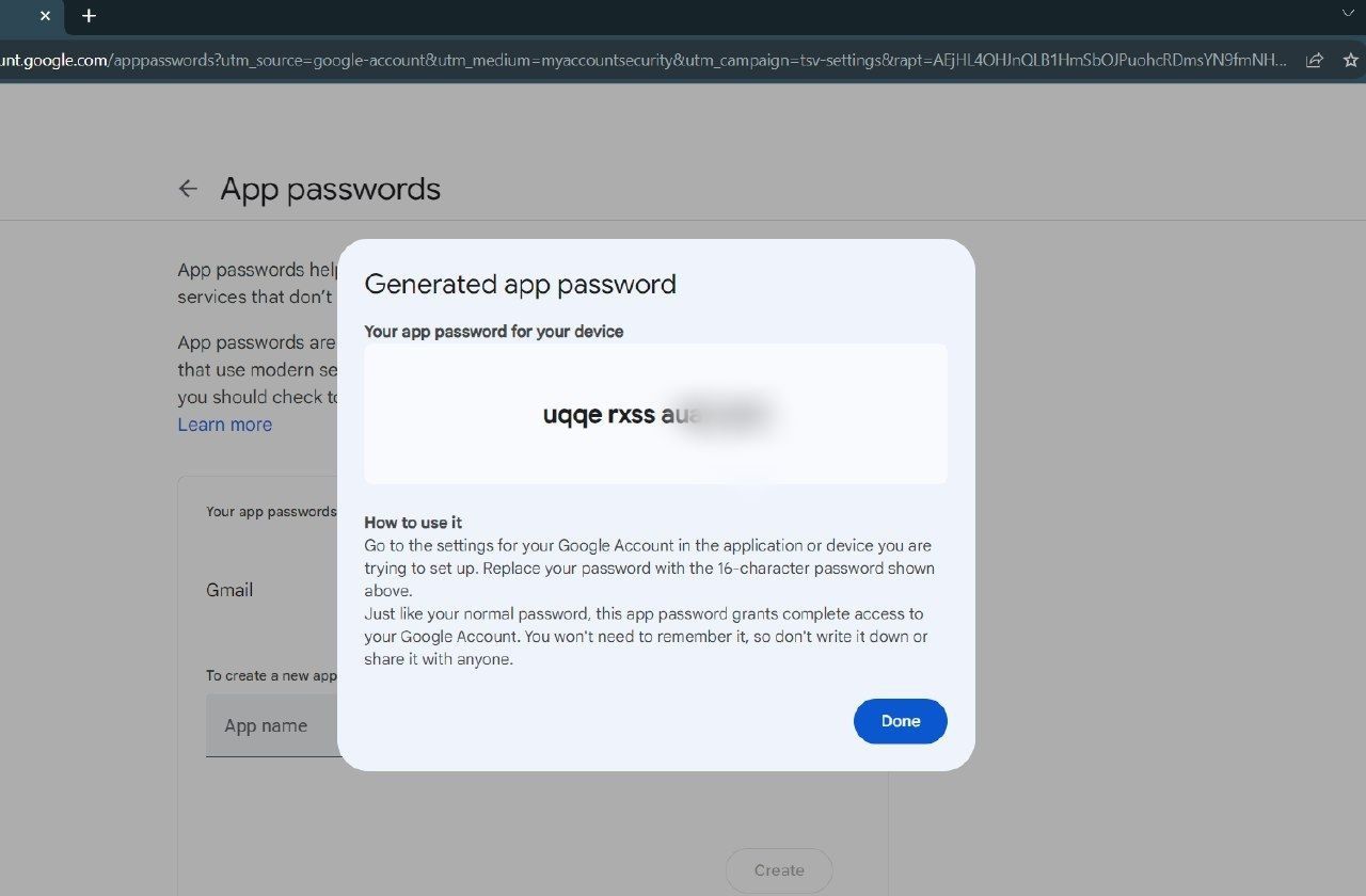 Screenshot showing 16 digit app password in Google desktop