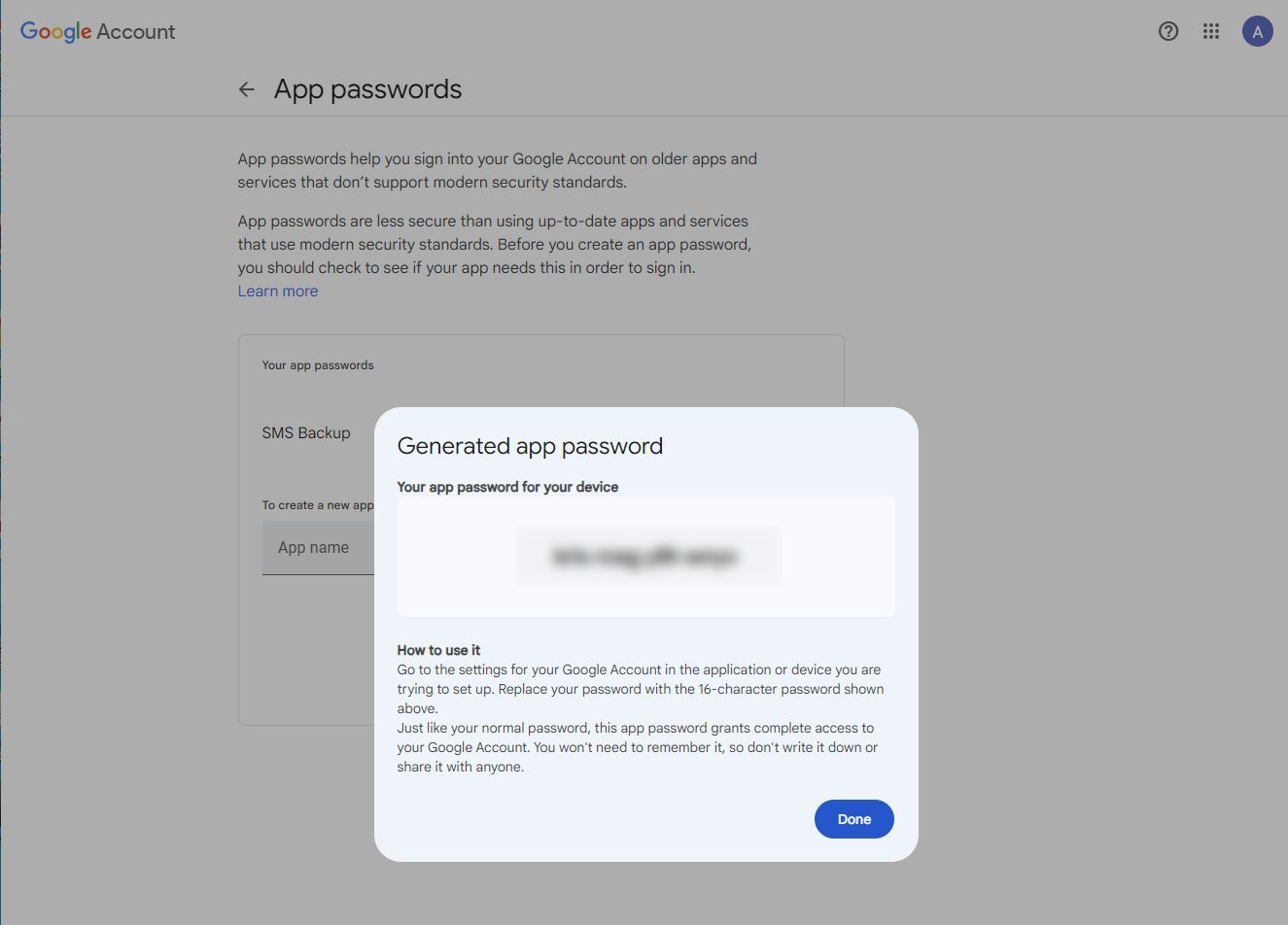 Screenshot of Gmail's app password