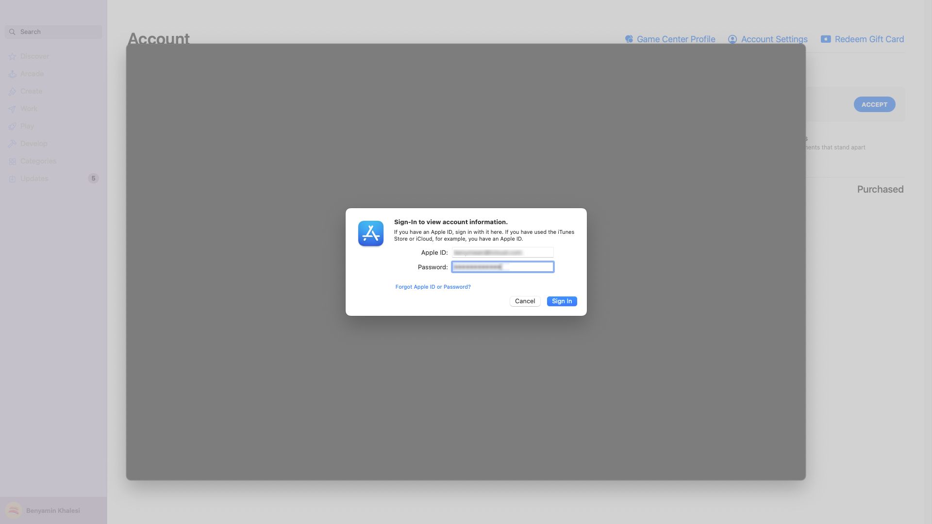 Screenshot of an Apple pop-up window on macOS, requesting credentials to sign in and access account information.