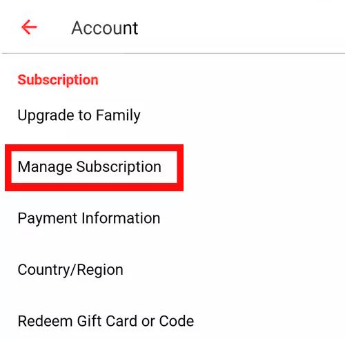 Apple Music "Account" page with various settings. The "Manage Subscription" option is highlighted in red.