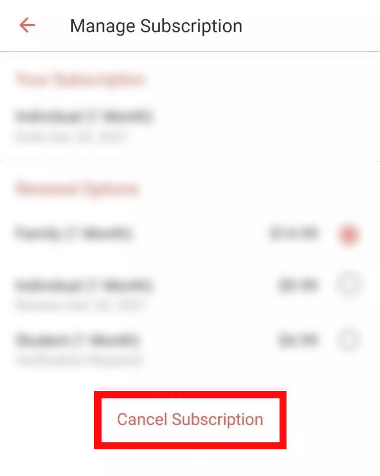 Blurred Apple Music "Manage Subscription" page with various faded subscription options. The "Cancel Subscription" button is highlighted in red at the bottom of the page. 
