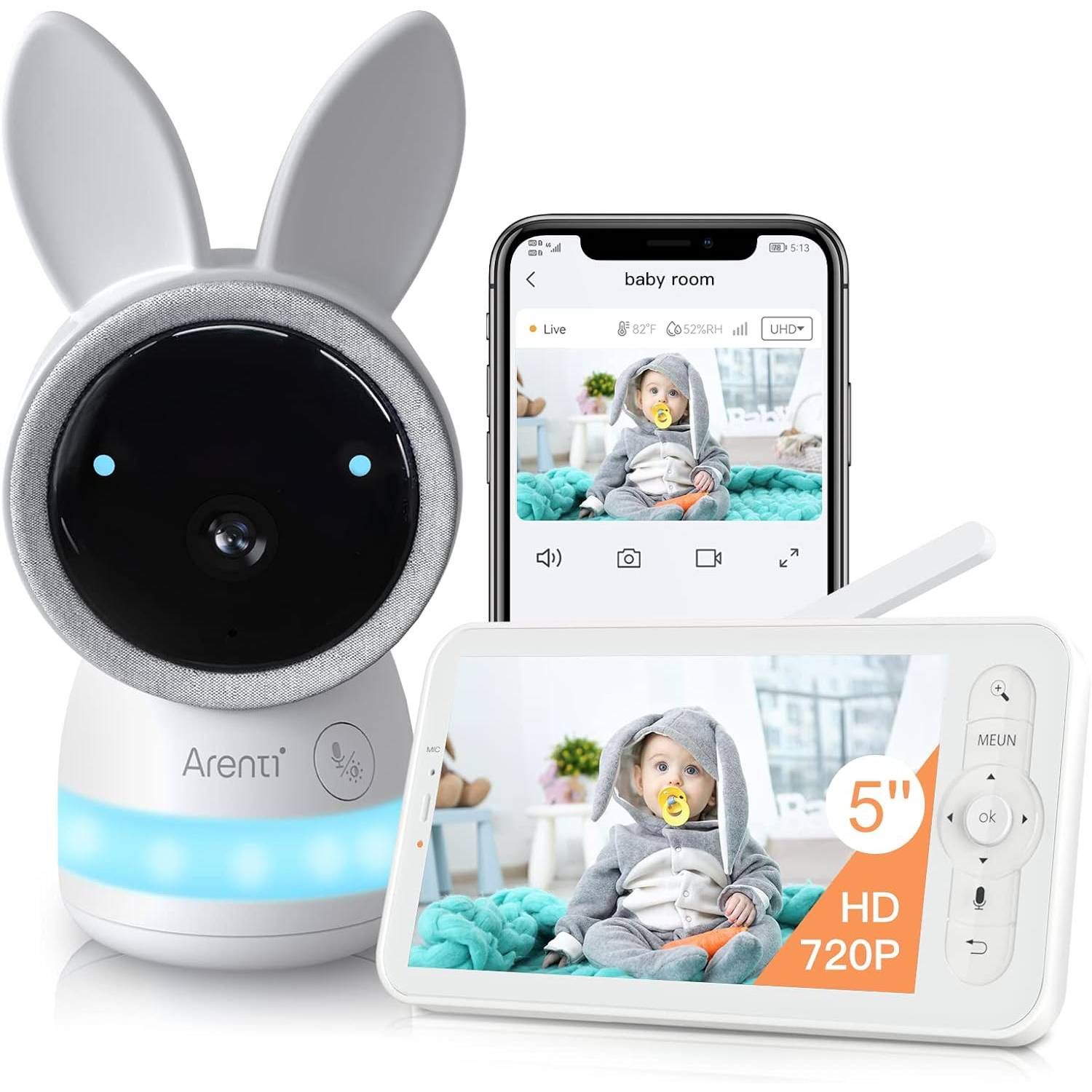 ARENTI Video Baby Monitor, along with a smartphone showing the app
