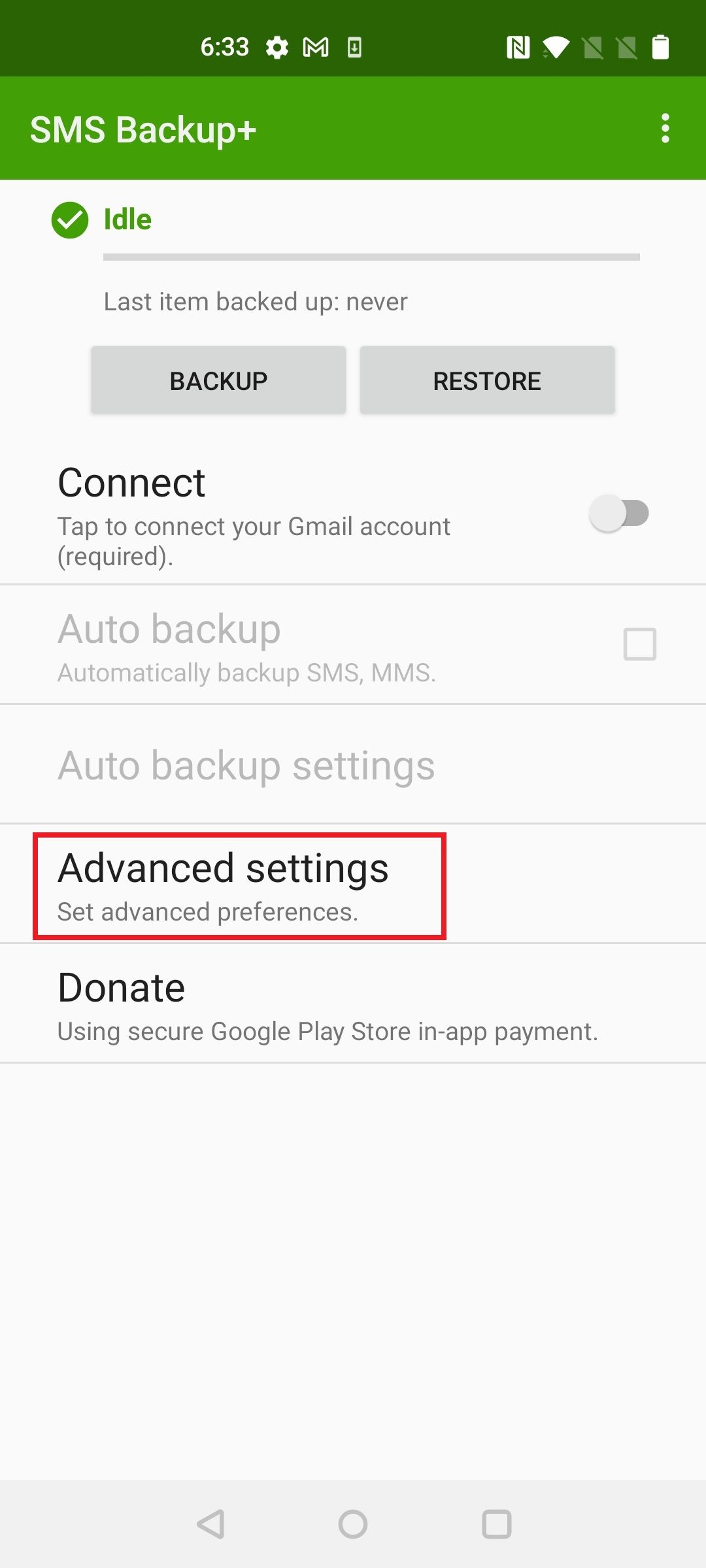 Screenshot highlighting Advanced settings in SMS Backup+