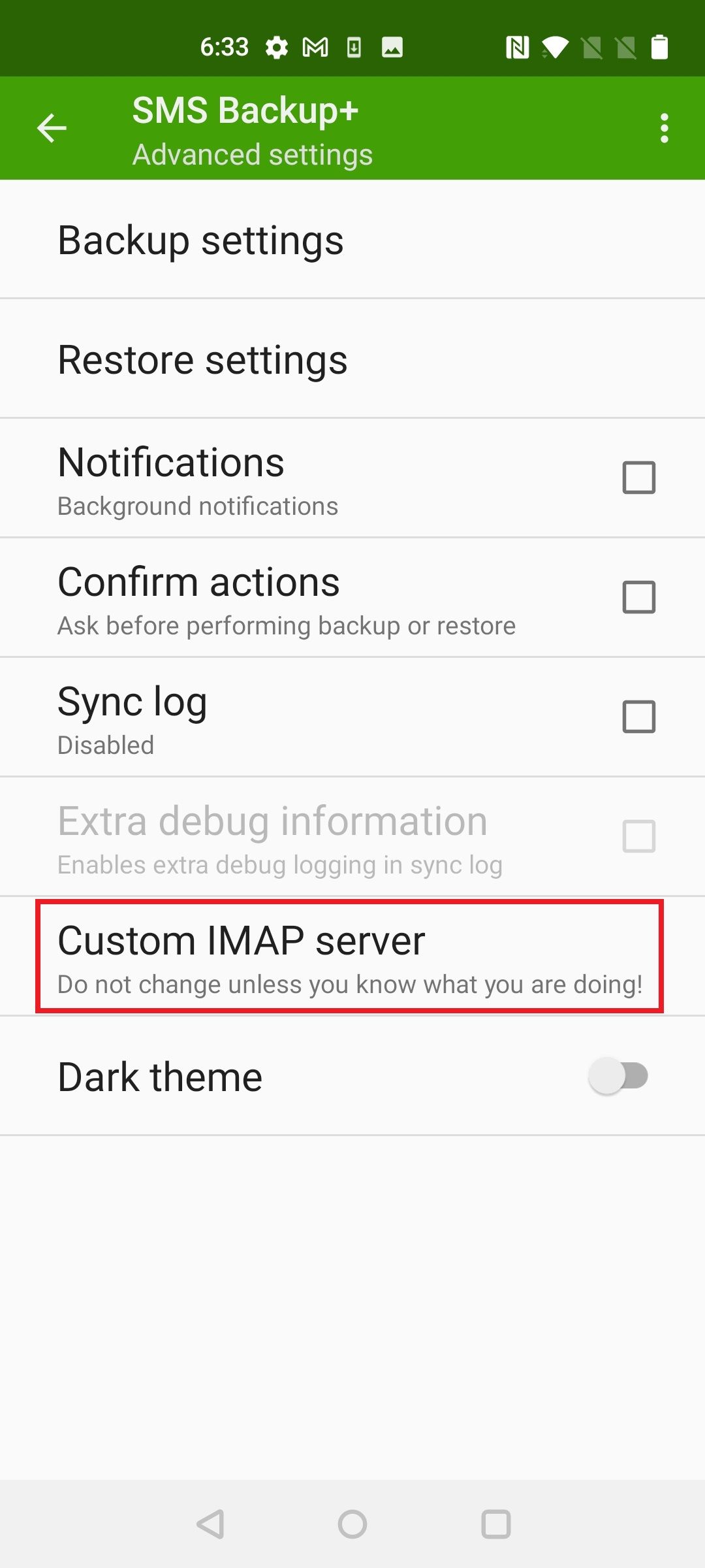 Screenshot highlighting Custom IMAP server in SMS Backup+