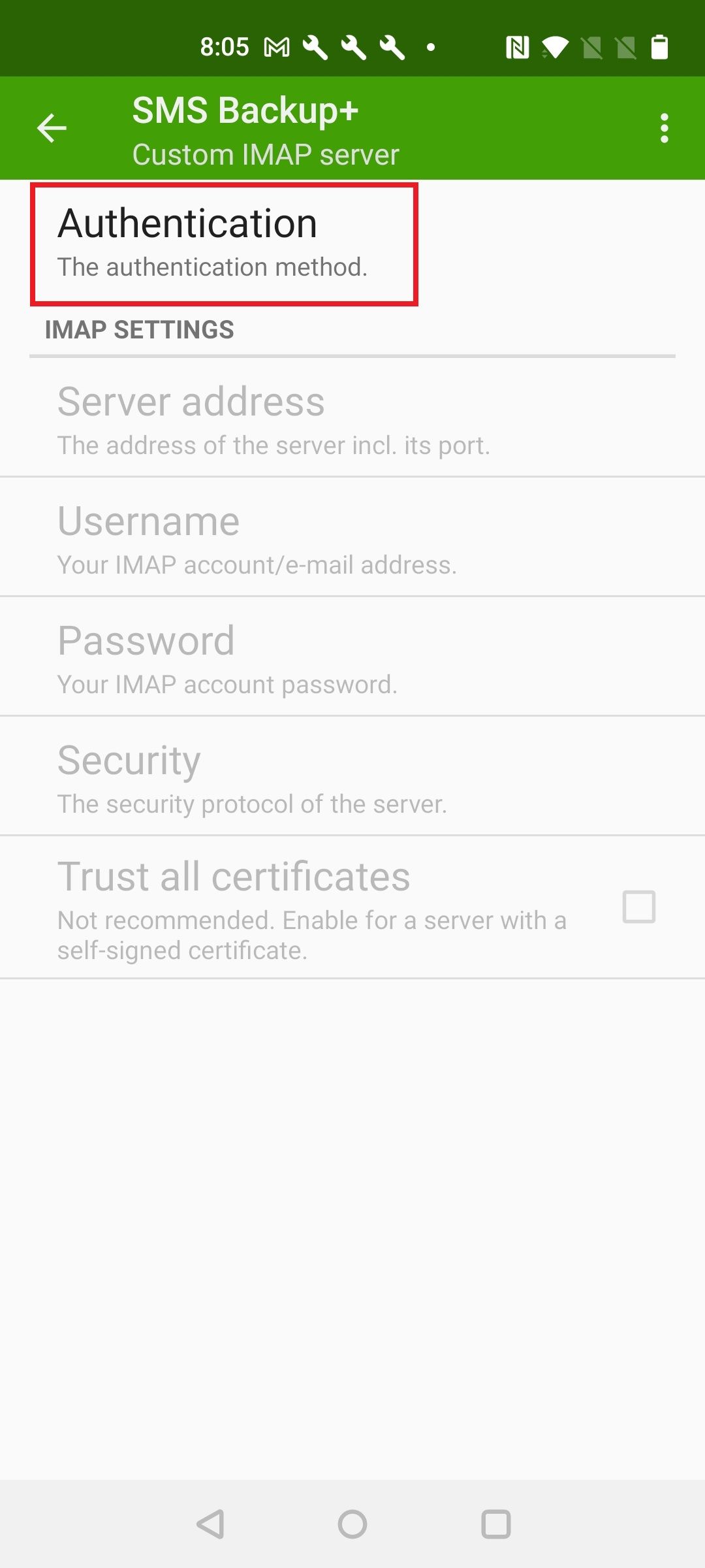 Screenshot highlighting Authentication option in SMS Backup+