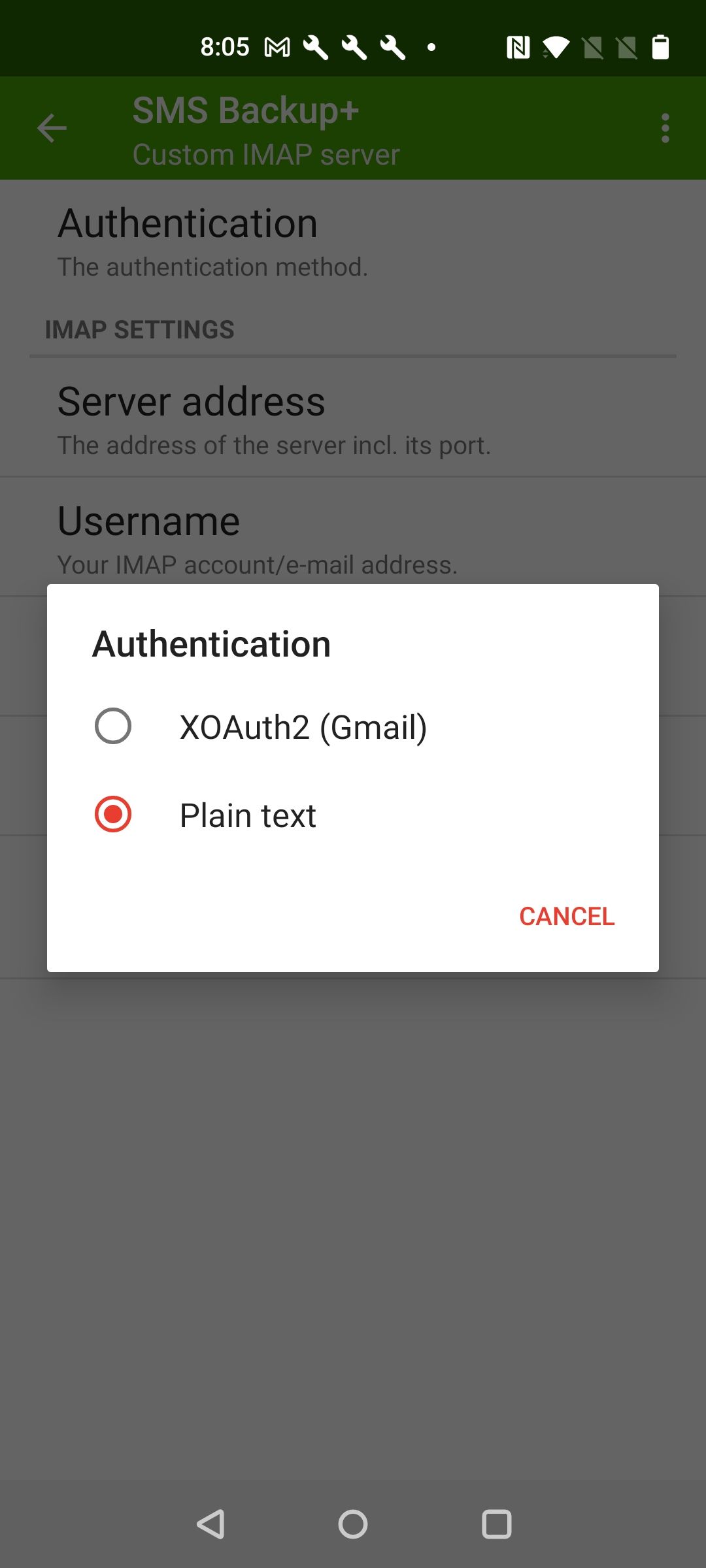Screenshot highlighting 'Plain text' authentication option in SMS Backup+
