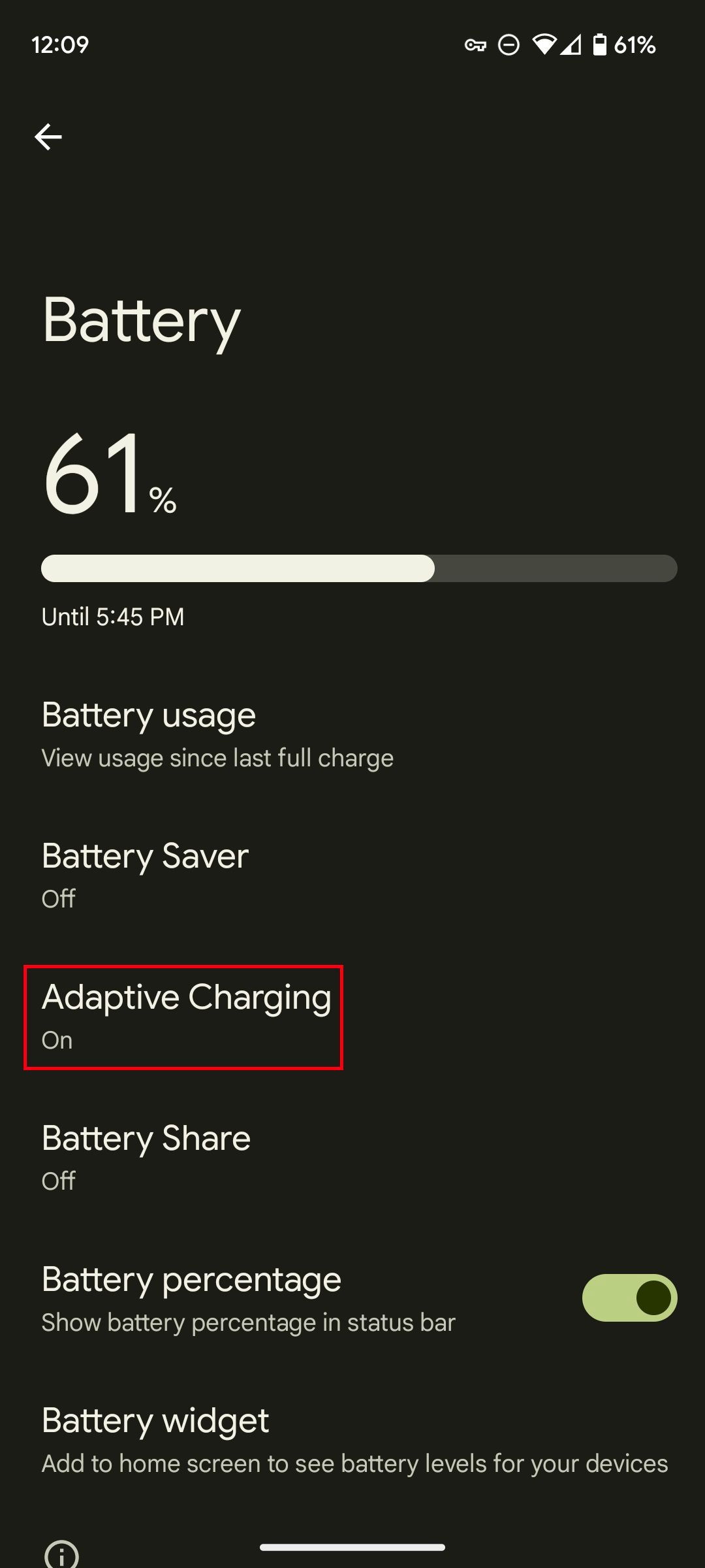 Battery settings on a Google Pixel phone with a red box around the Adaptative Charging option