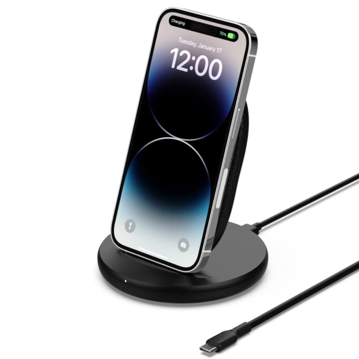 The Belkin 15W Wireless Charging Stand, angled view with phone