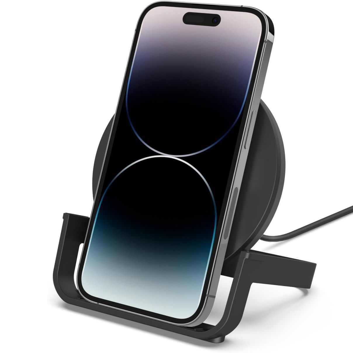 Belkin Wireless Charging Stand with a smartphone charging in the cradle