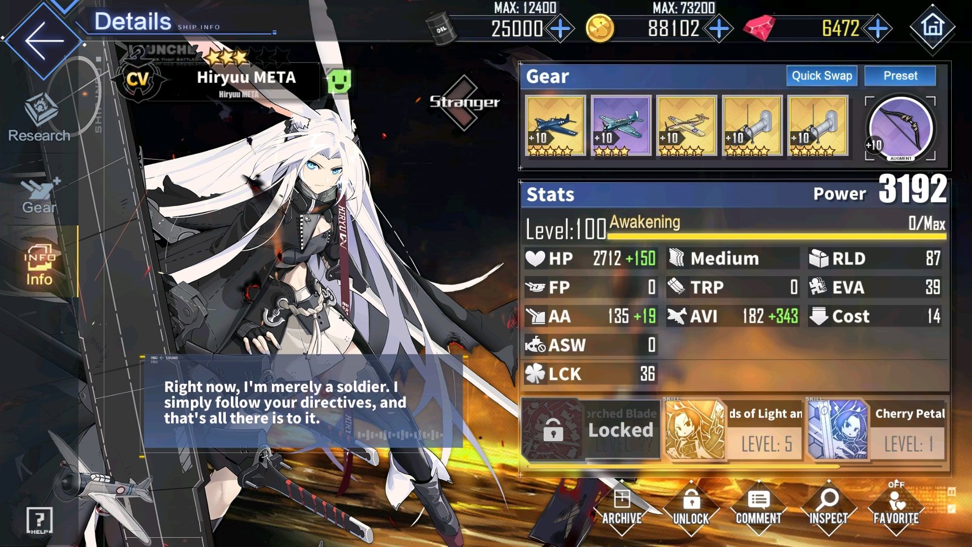 Azur Lane screenshot showing ship details for Hiryuu Meta