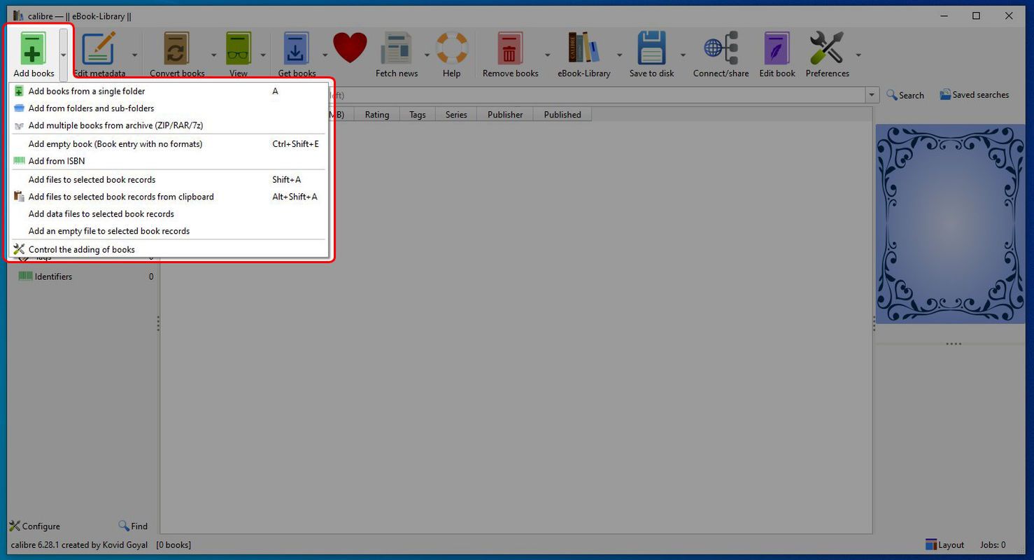 Calibre Add books dropdown menu
