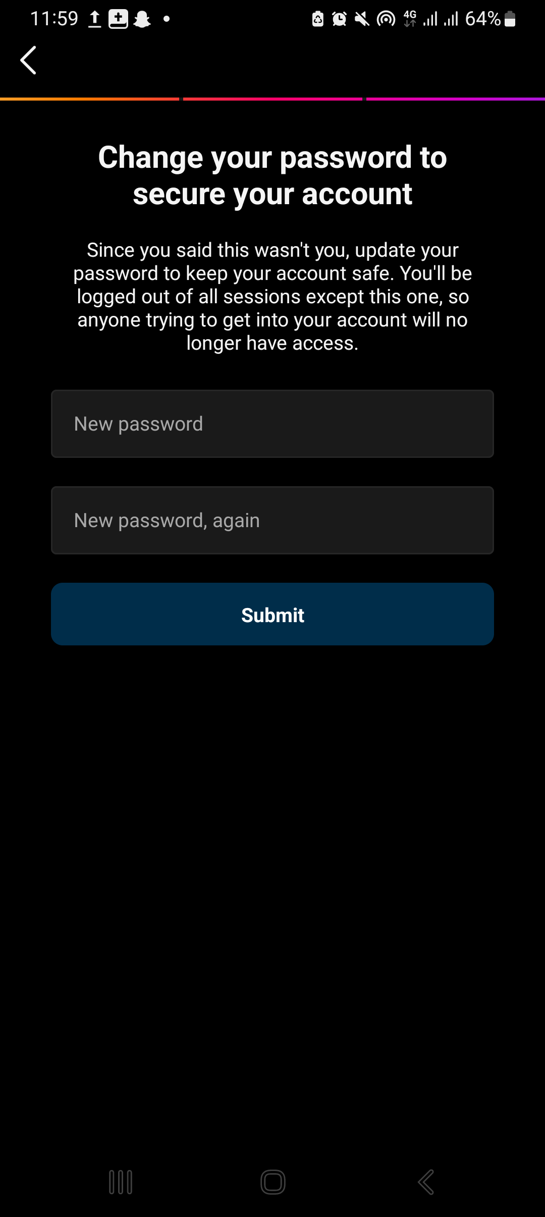 Altering Instagram legend password on the app